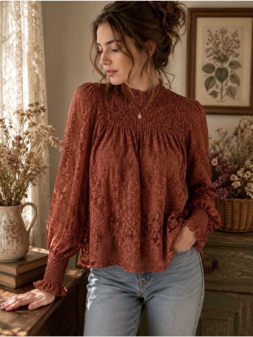 🌿🏡Anthropologie Deletta boho lace  top brown🌿🏡